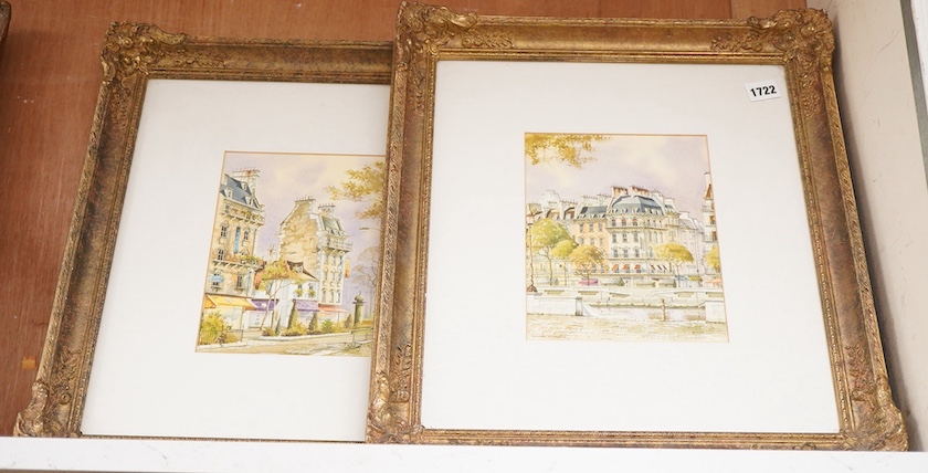 Andrew Findley (contemporary), Street scenes, one signed, each with National Fine Arts labels verso, pair of watercolours, 21 x 17cm